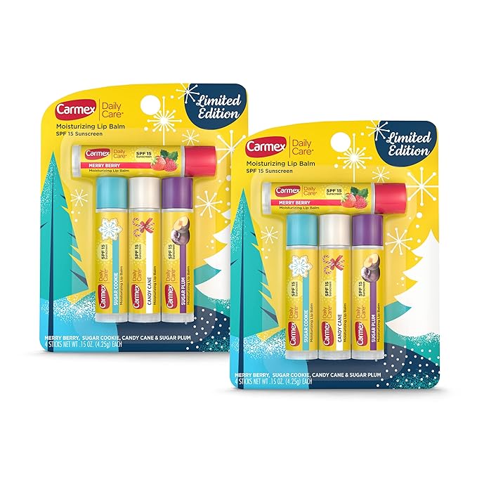 Carmex Daily Care Moisturizing Lip Balm Limited Edition Holiday Stick Pack in Sugar Plum, Candy Cane, Sugar Cookie and Merry Berry - 0.15 OZ each, 4 count (Pack of 2)