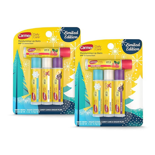 Carmex Daily Care Moisturizing Lip Balm Limited Edition Holiday Stick Pack in Sugar Plum, Candy Cane, Sugar Cookie and Merry Berry - 0.15 OZ each, 4 count (Pack of 2)