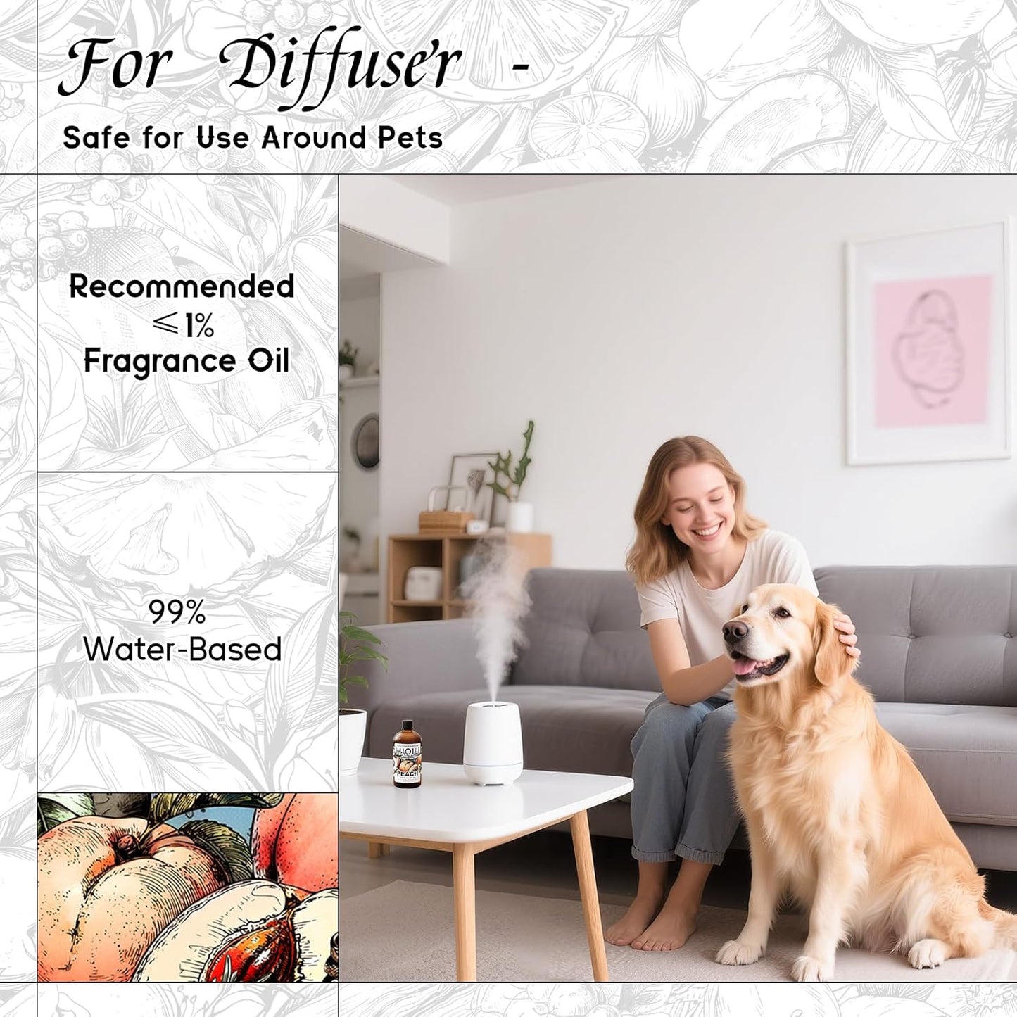 HIQILI Peach Fragrance Oil for Home Diffuser, DIY Candle, Linen & Room Freshener Spray Making, Juicy Fruit Scents - 5.07 Fl Oz