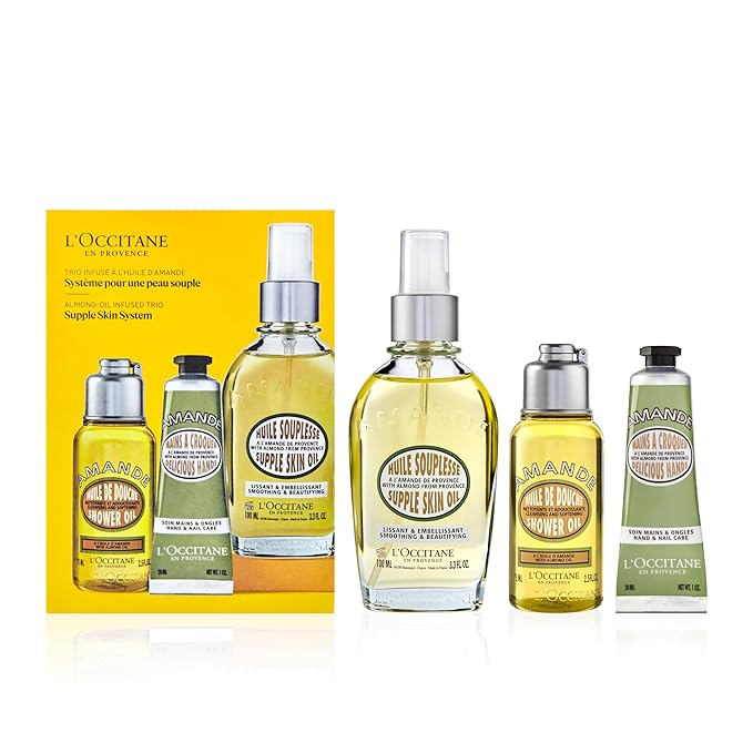 L'OCCITANE Supple Skin System: Hydrate & Soften, Almond Oil Infused Trio Featuring Almond Supple Skin Oil, Almond Shower Oil, and Almond Delicious Hand & Nail Care Lotion, Bath and Body Gift Set