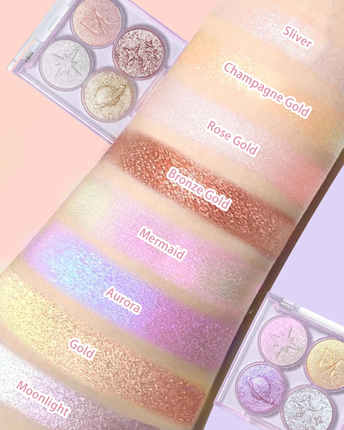 Holographic Multichrome Glitter Eyeshadow&Highlighter Palette, Sparkling Color Shift Metallic Shimmer Face Eye Shadow Palette,Highly Pigmented Cream Purple Mermaid Facial Illuminator Fairy Makeup-02