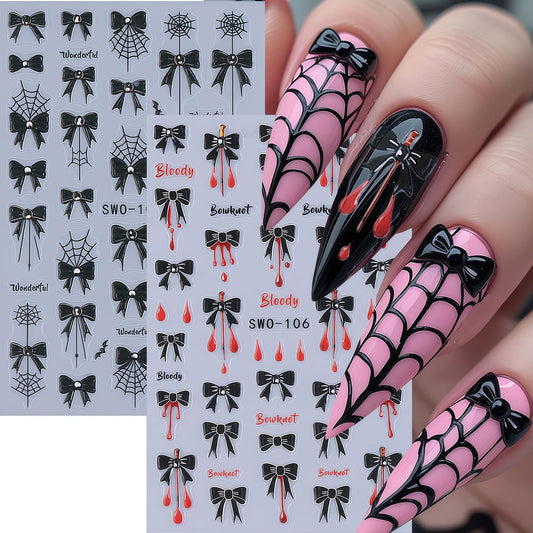 Halloween Nail Art Stickers Spider Web Nail Decals Self-Adhesive Shiny Crystal Diamond Bow and Blood Cute Design Nail Sticker Festival DIY Manicure Decoration for Women Salon Manicure Kit