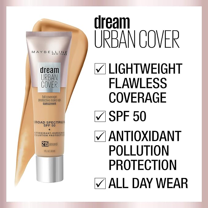 Maybelline Dream Urban Cover Flawless Coverage Foundation Makeup, SPF 50, Buff Beige