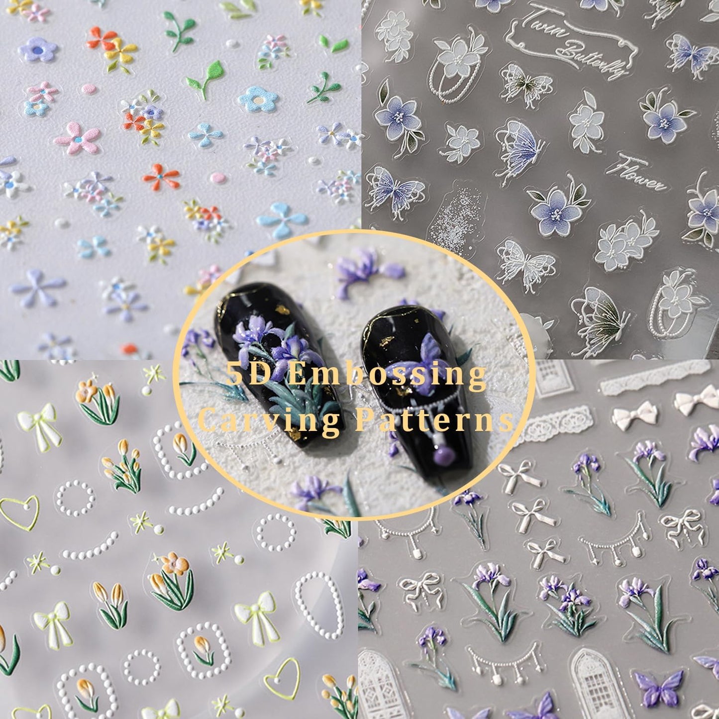 Flower Nail Stickers 5D Embossed Nail Art Stickers Decals Self-Adhesive Butterfly Floral Nail Supplies Spring Nail Art Design Decoration Accessories(1, Flower Butterfly)