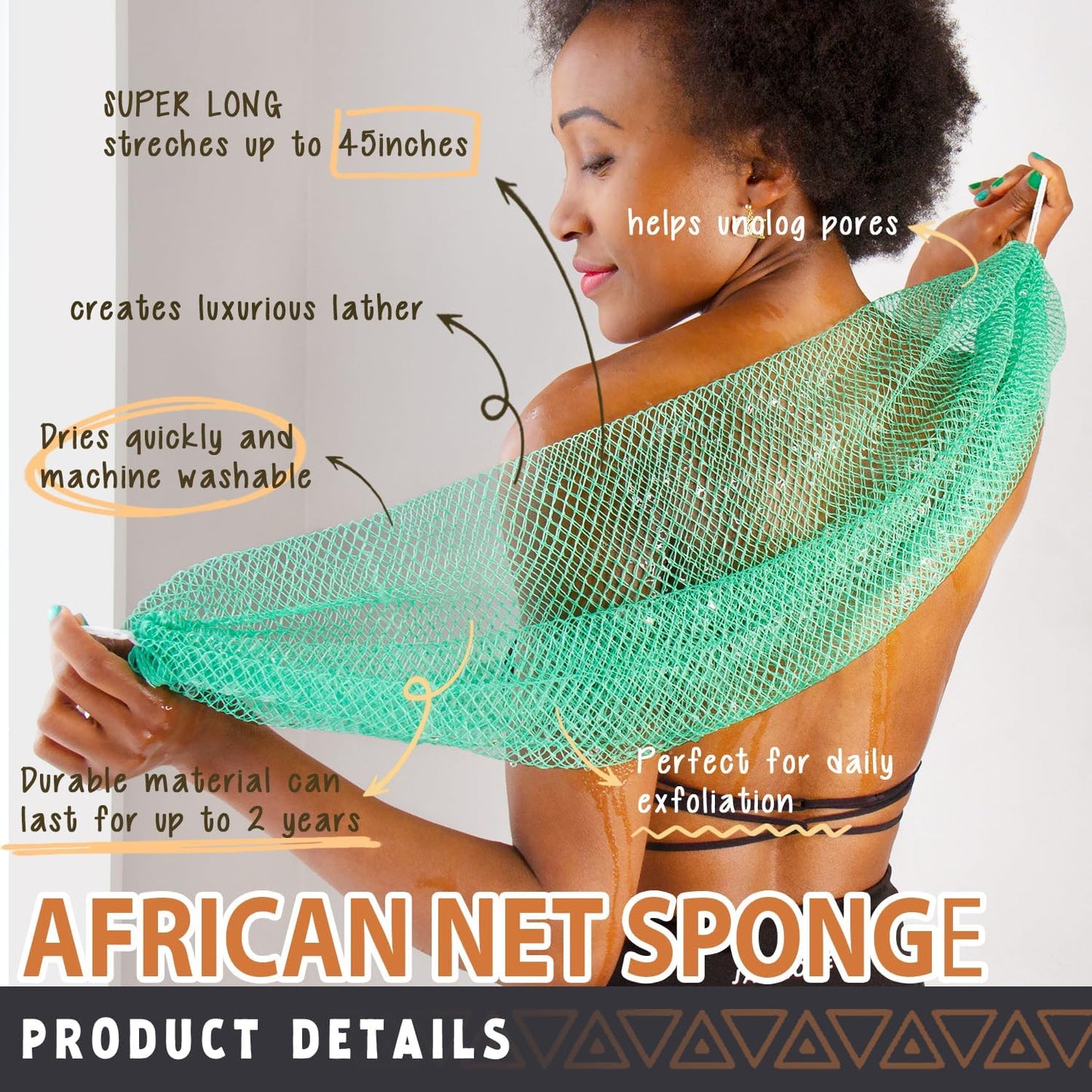 African Net Sponge Authentic - 2 Pieces Real African Exfoliating Sponge with Knots - Afro Back Scrub Net for Body Exfoliator - Bath Loofah Washcloth for Shower Essentials