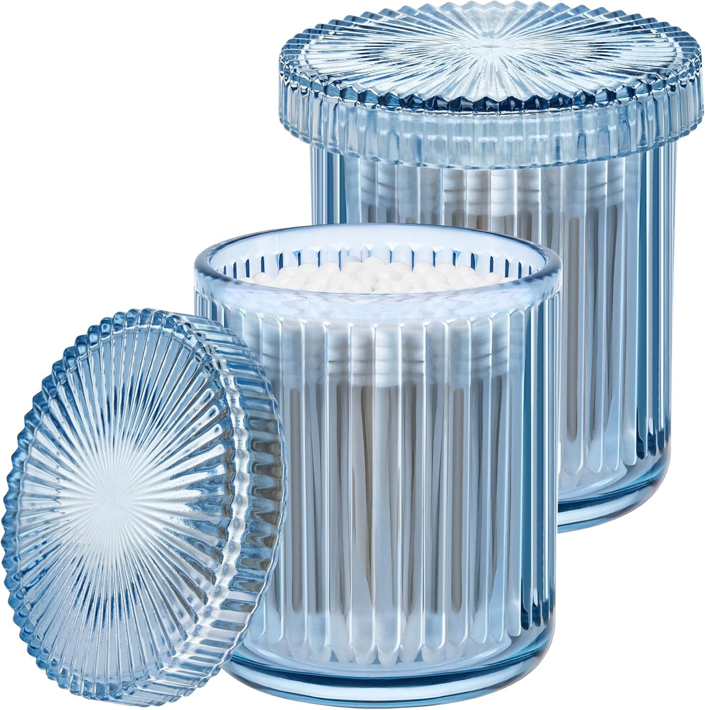 2 Pack Qtip Holders for Bathroom, Clear Glass Apothecary Jars with Lids,Vintage Bathroom Canisters for Cotton Balls,Swabs,Floss Picks,Hair Ties,Vanity Organizer and Storage Decor (Blue)