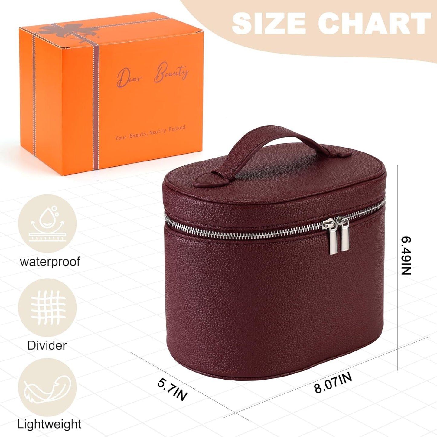 Makeup Bag Vanity Case Cosmetic Bag with Removable Divider Travel Toiletry Bag for Women Portable Make up Box Organizer, Burgundy