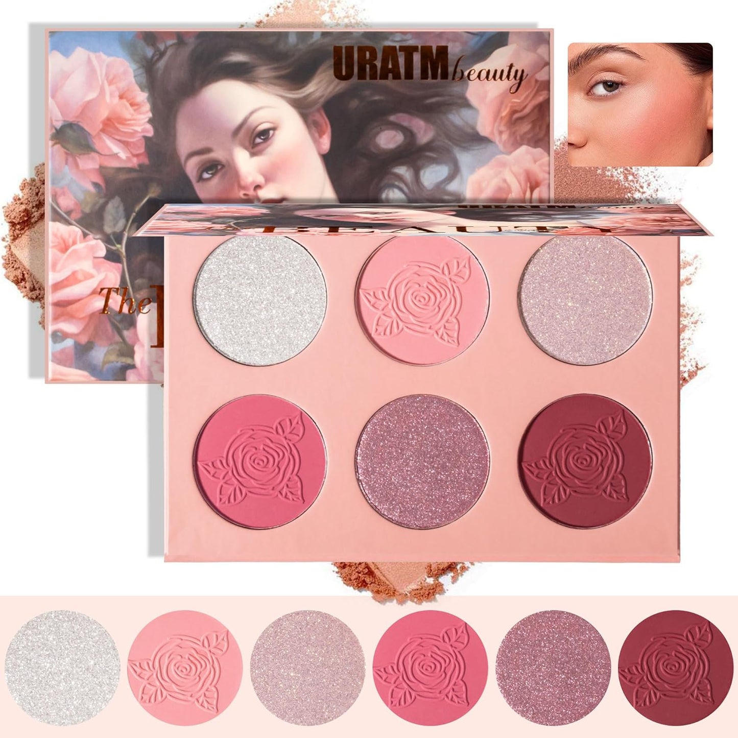 Radiant Rosé Blush Palette - 6 Shades, Fresh Glow, Silky-Smooth Texture, Beginner-Friendly, No Pigment Residue Featuring, 3 Shimmer Shades and 3 Natural Soft Blush Tones | Eye Make Up Palette