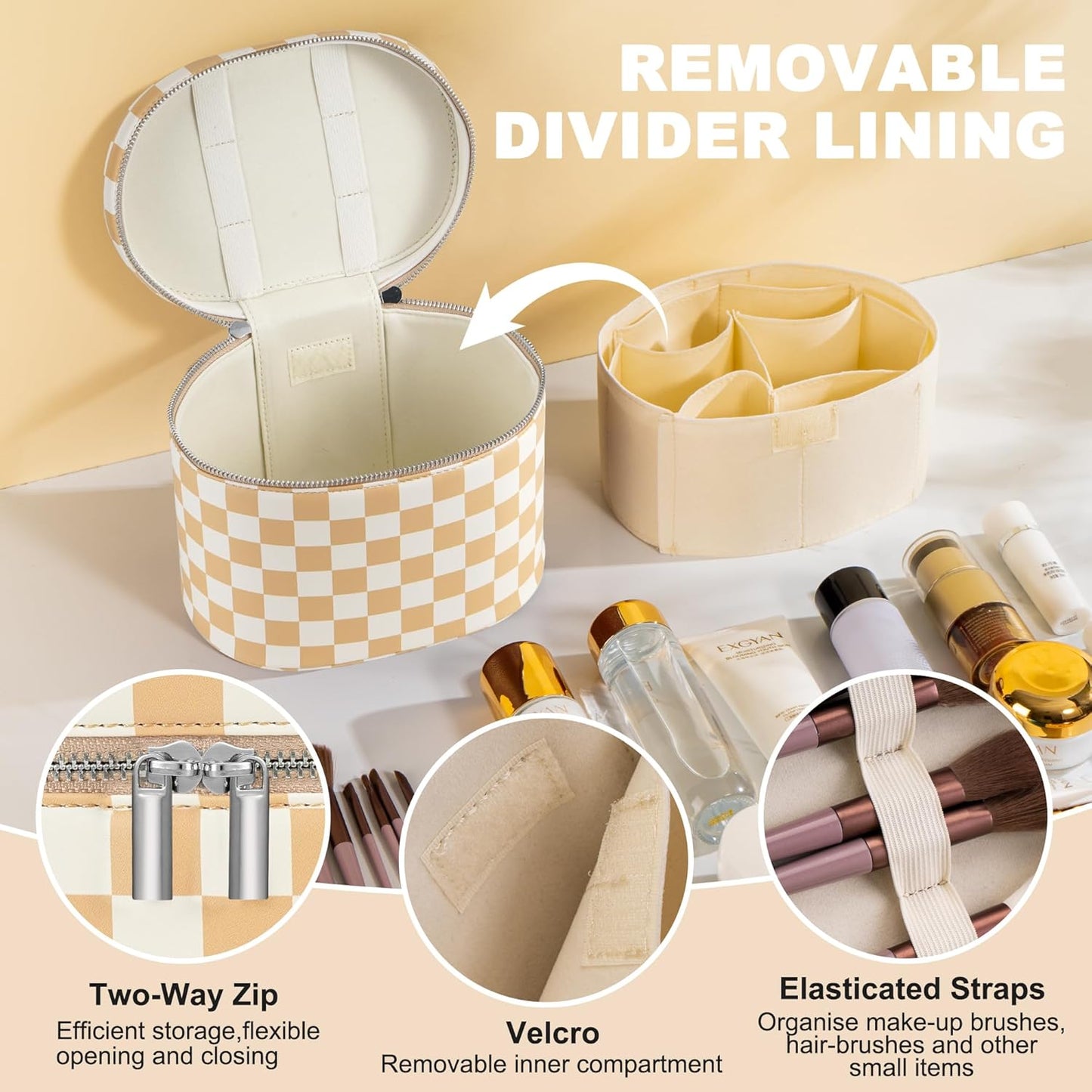 Makeup Bag Vanity Case Cosmetic Bag with Removable Divider Travel Toiletry Bag for Women Portable Make up Box Organizer, Beige and White