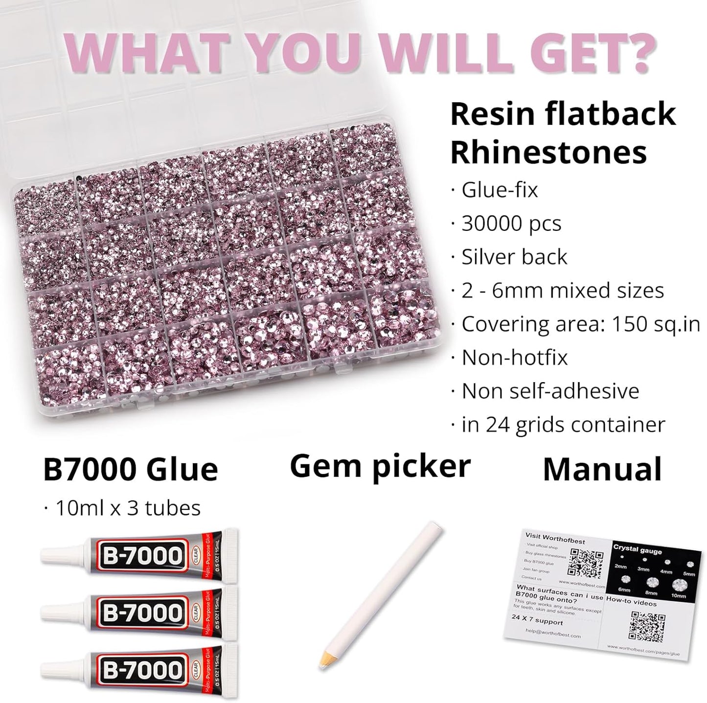 30000Pcs Resin Rhinestones Set for Crafting Bedazzling, Light Pink Flatback Gems Jewels for Crafts Clothes Shoes Fabric Outfit Nails Makeup, Flat Back Crystal 2-6mm with b 7000 Glue