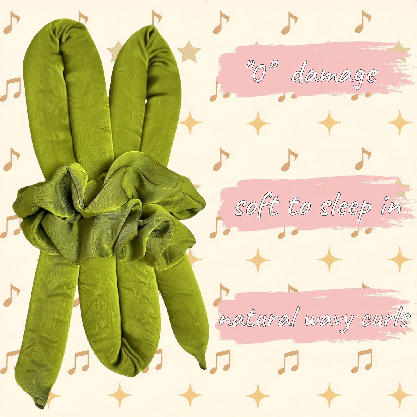 Serenade Textured Satin Heatless Curls Overnight, Heatless Hair Curler Curling Set for Women and Girls to Sleep in, with 2 Satin Scrunchies and 1 Clip for Overnight Curls, Green