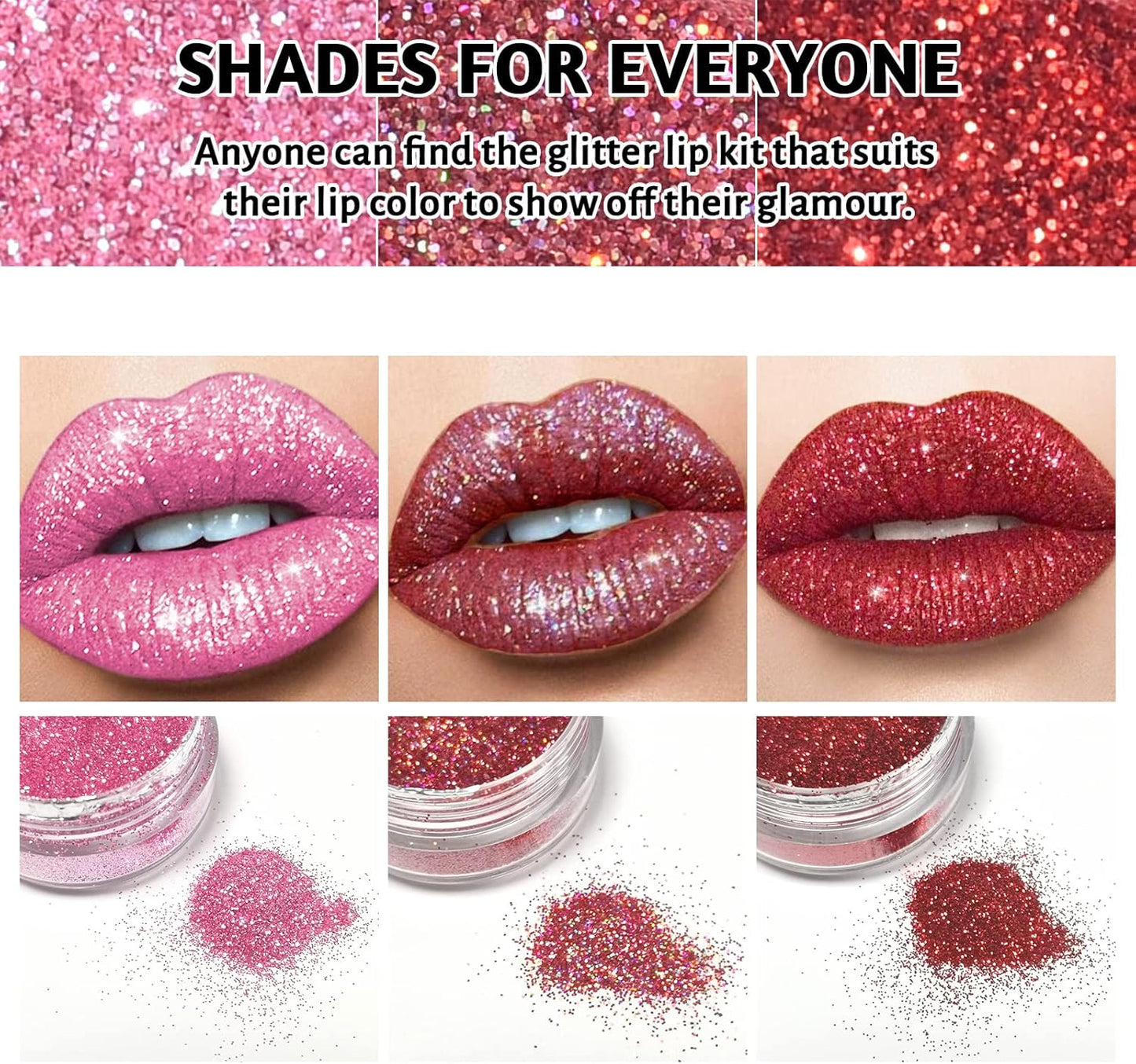 3 Colors Glitter Lip Kit, Diamond and Glitter Metallic Lip Powder with Lip Primer, Waterproof Long Lasting & Smudge Proof, Shimmer Sparkly Glitter Lip Cosmetic without Sticky Flake Off Set A