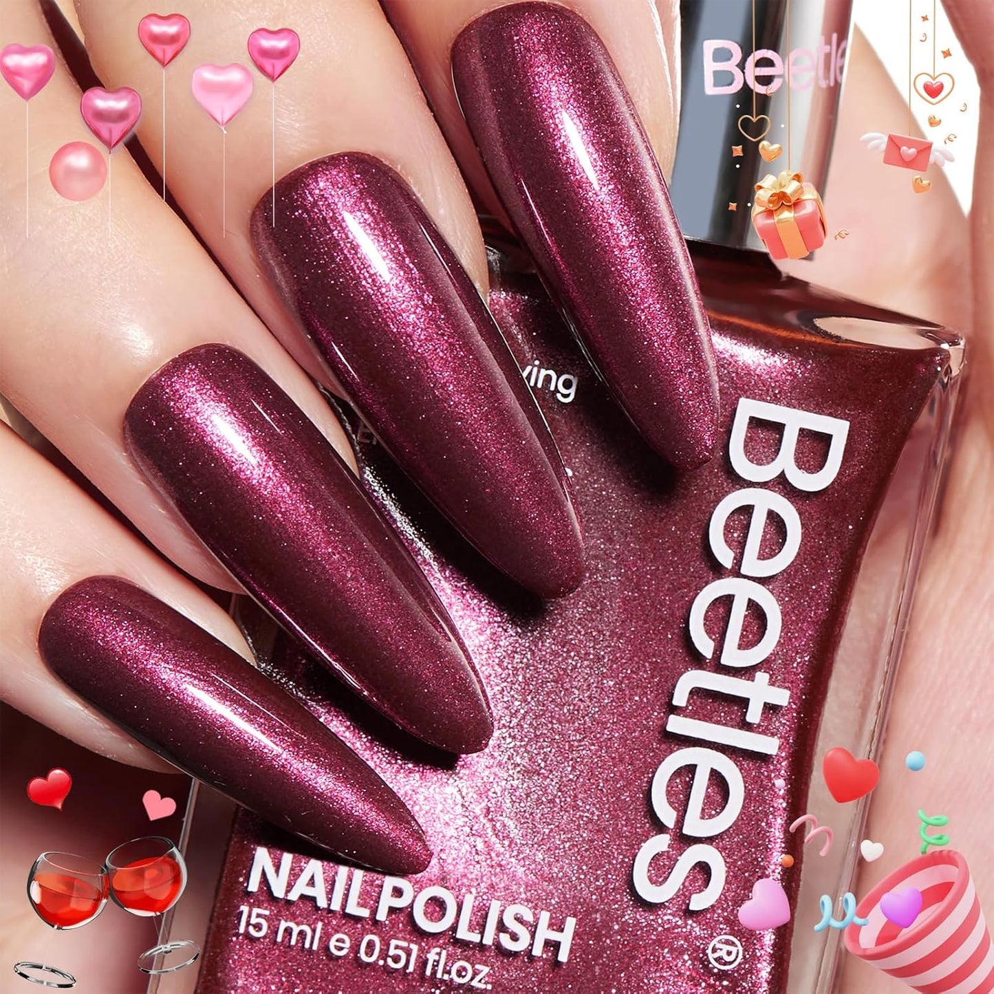 Beetles 1Pcs 15ml Red Nail Polish,Nail Polish Fast Drying & Long Lasting Nail Lacquer Red Cheerful Crimson Glitter Art Effect for Nail DIY Salon at Home Gifts for Women