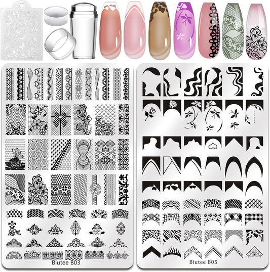 Biutee Nail Stamping Plates Set 2 PCS Large Plate 110 Patterns Nail Art Stamper Scraper Nail Stamp Template Kit French Line Lace Flower Design Masnicure Plates