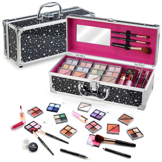 Color Nymph Beginners Makeup Kit With Train Case For Teenagers Girls, Full Starter Cosmetics Set Included 32 Colors Eyeshadow, Glitter Cream, Blush, Highlighter, Lip Gloss and Brush (Black)