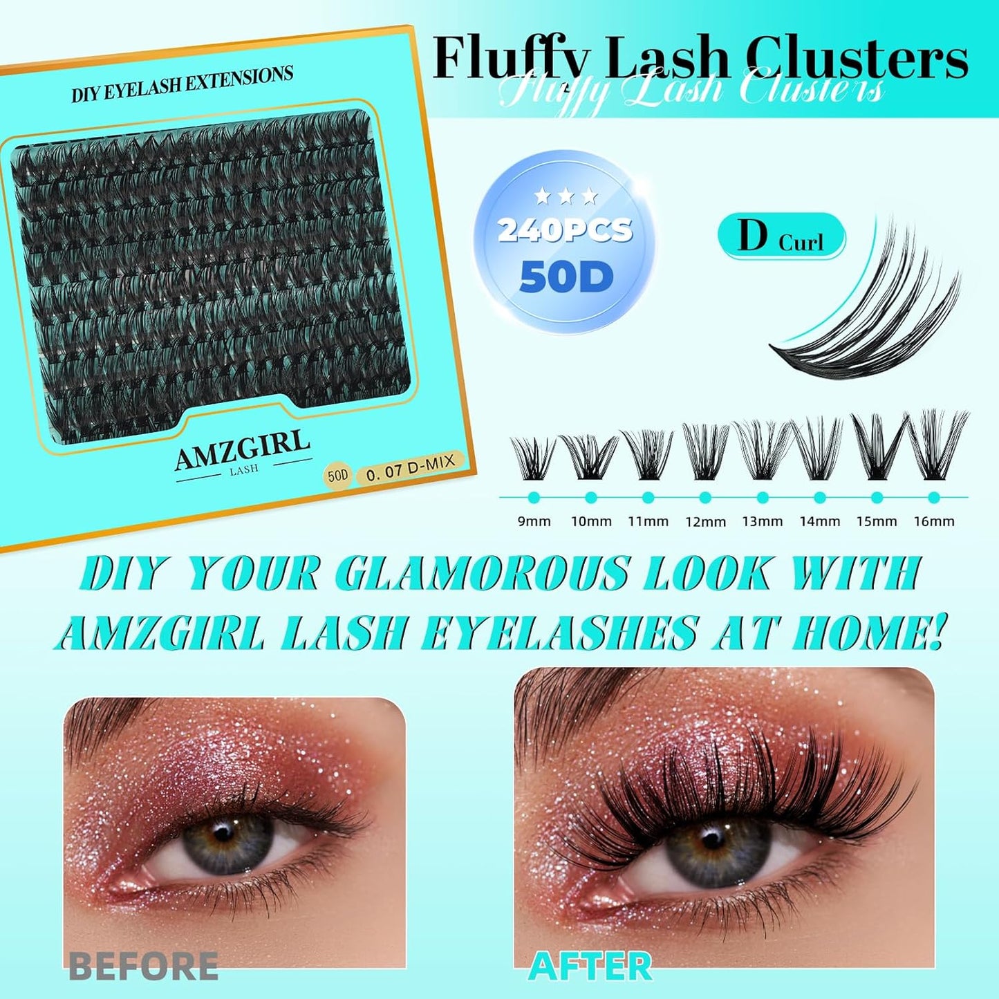 Lash Clusters 240pcs Eyelashes Cluster Individual Wispy Lashes Thin Band for D Curl Lash Extension Eyelashes for Beginners at Home,False Eyelashes Soft Eyelash Clusters(50D,D-Mix9-16mm)