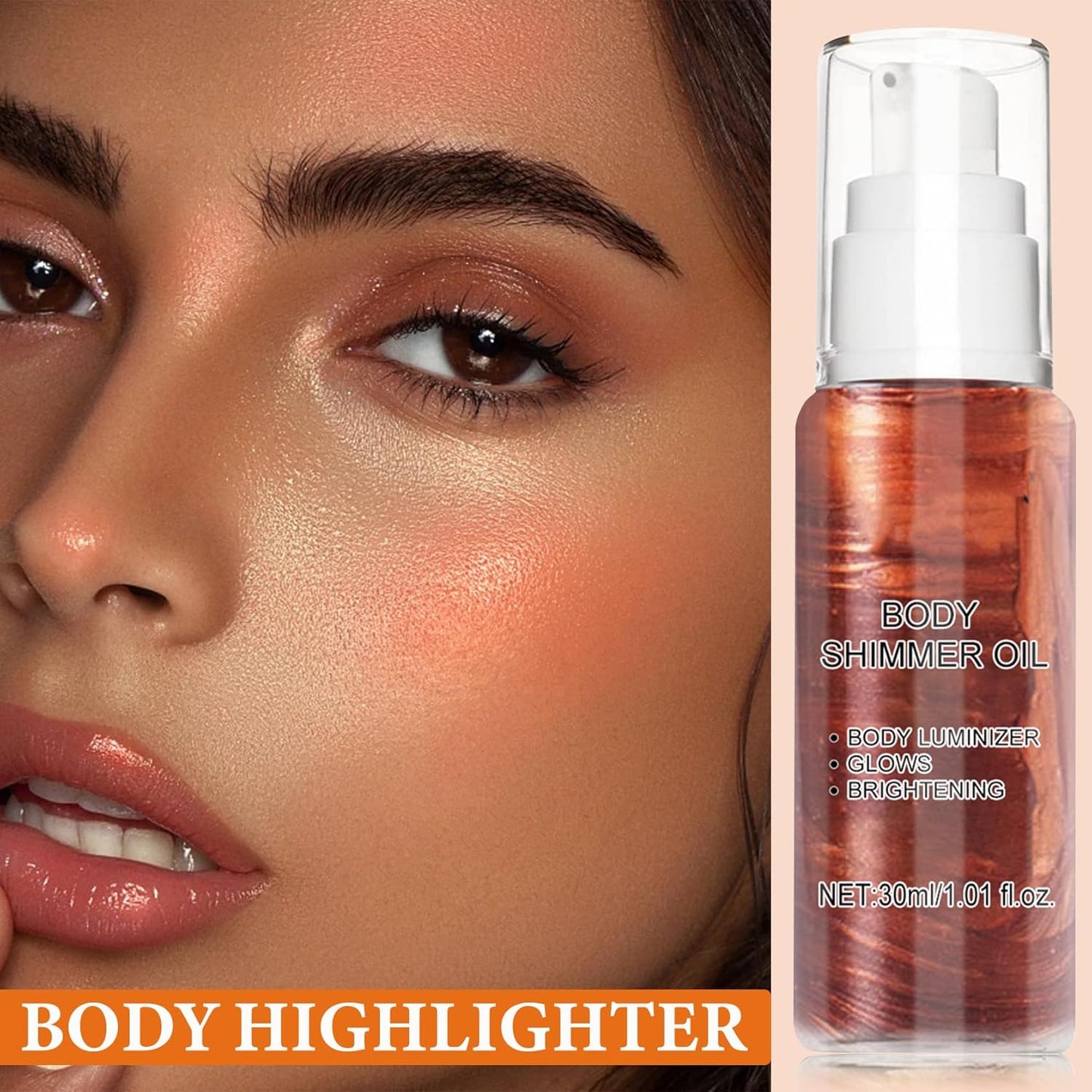 Body Shimmer Oil,Body Shimmer Luminizer for Face & Body,Waterproof Moisturizing Face Brighten Glow Illuminator,Body Highlighter Shine Glitter Liquid Illuminator Body Makeup(Golden Brown)