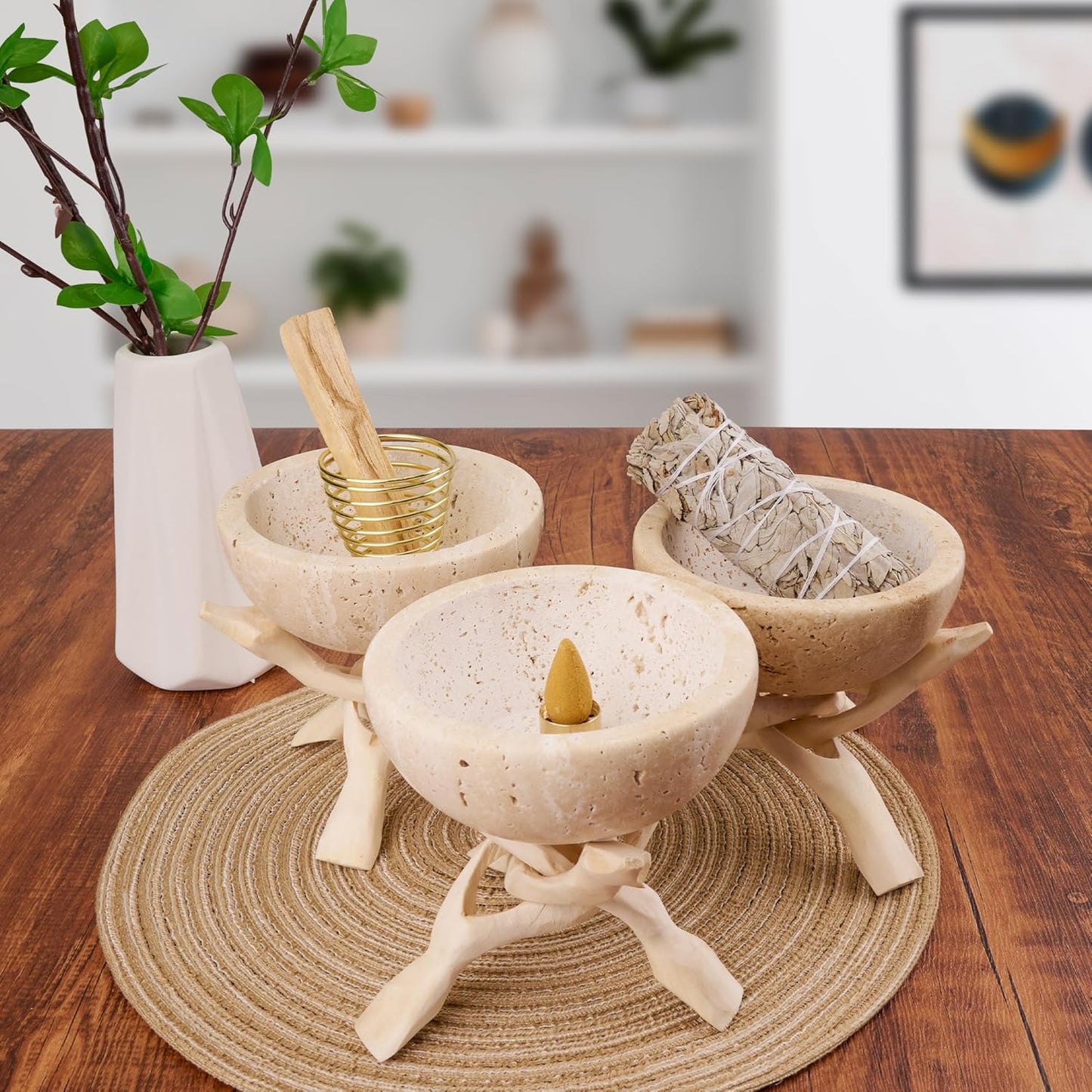 Natural Marble Incense Holder, Palo Santo and Sage Burner, Handmade Incense Burner for Smudging, Incense Burning, and Home Decoration (Cream)