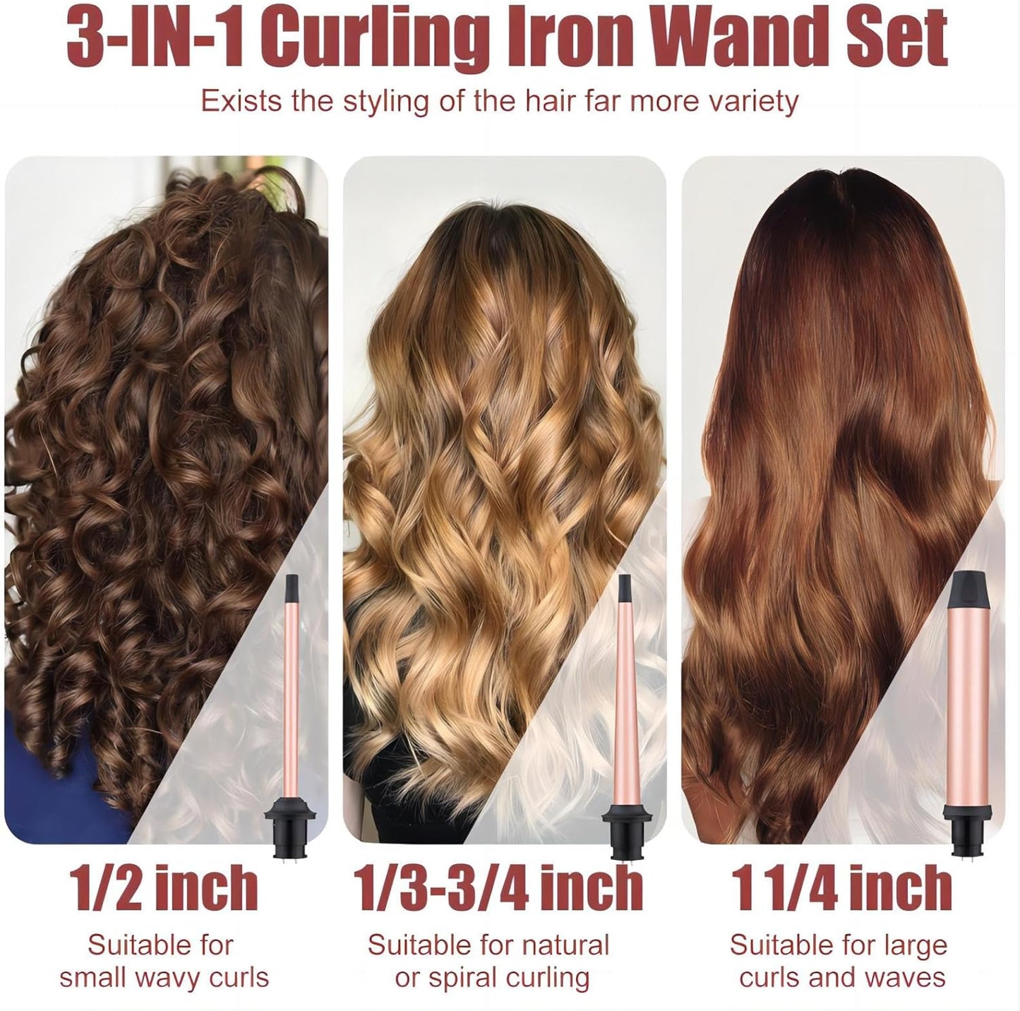 3 in 1 Curling Wand Set - SIQUER Hair Waver Curling Iron for Women with 3 Interchangable Ceramic Beach Waves Wands 1/2 Inch to 1 1/4 Inch Fast Heating Up Hair Curler with Box (Rose, Black)