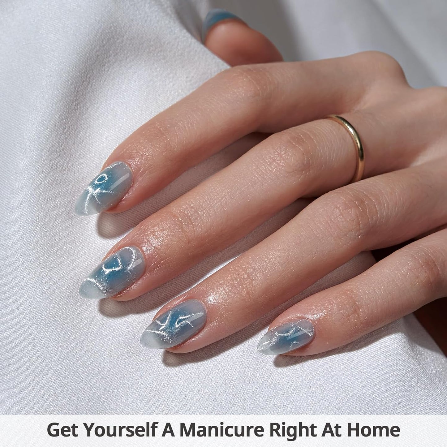 BTArtbox Press On Nails Short - Lamp-Curable Sparkly Blue Almond Press On Nails with Glue for Women, Semi-Transparent Soft Gel Glue On Nails in 16 Sizes - 32 Stick On Nails Kit, Blue Mirage