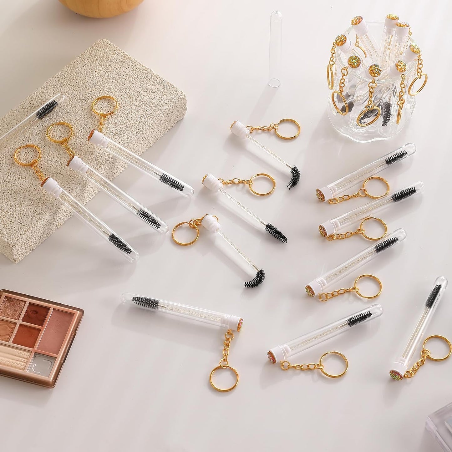 Upgrade 48 Pieces Disposable Mascara Wands Set, Include 24 Pcs Crystal Lash Spoolies Brush and 24 Pcs Reusable Keychain Empty Eyelash Brush Tubes (Gold)