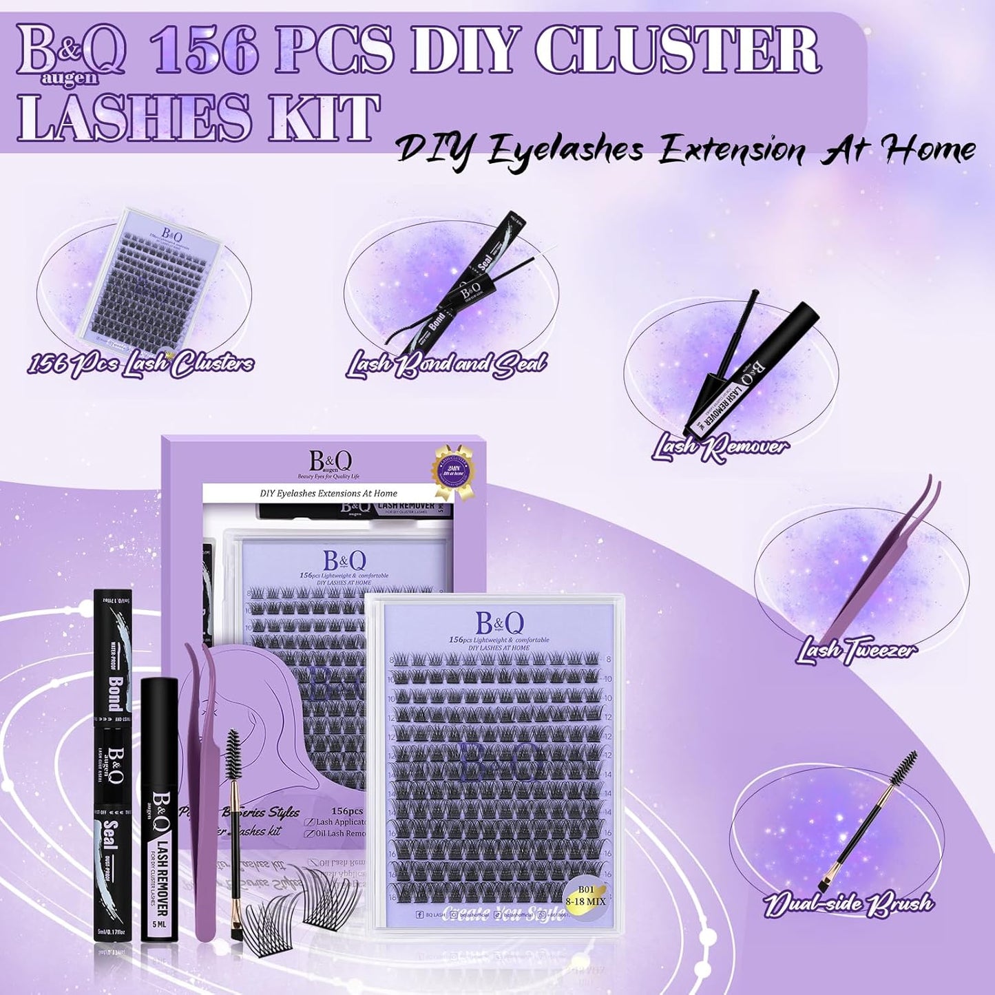 Lash Extension Kit B01 Eyelash Extension Kit B&Qaugen DIY Lash Extension Kit 156 PCS Lash Clusters 8-18mm Cluster Eyelash Extensions Kit with Lash Bond and Seal Lash Applicator Tool (Kit,B01)