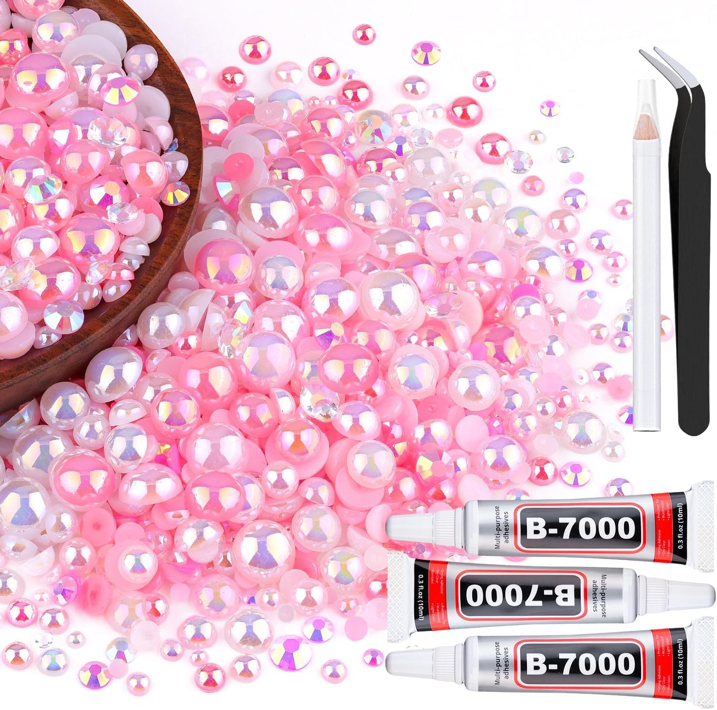 80g Flatback Pearls and Rhinestones for Crafting, Pink White 3-10mm Resin Rhinestones and Half Pearls for Bedazzling, Nail Art and Dec with 3pcs 10ml B7000 Jewelry Glue, Tweezer and Pickup Pencil