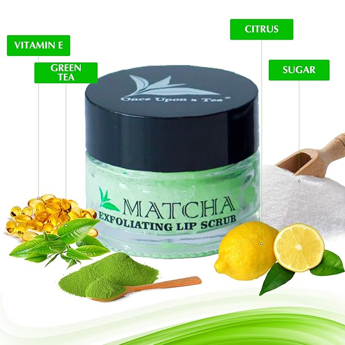 Exfoliating Green Tea Matcha Sugar Lip Scrub, Hydrating Treatment for Dry, Chapped & Cracked Lips, Best Peeling Solution For Plump, Younger Looking Lips, Lip Polish