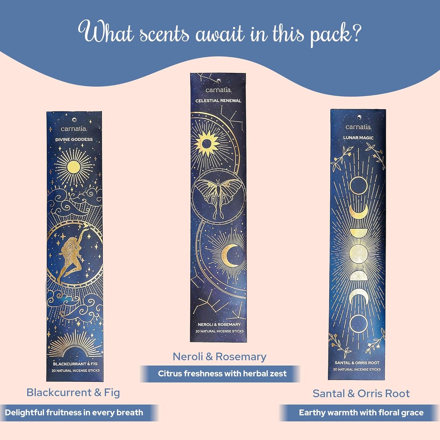 Carnatia Starry Spell Incense Sticks – Set of 6 Mystical Scents, 120 Premium Sticks for Creativity, Focus, Manifestation & Meditation | Natural, Slow-Burning for Spiritual Rituals & Self-Care!
