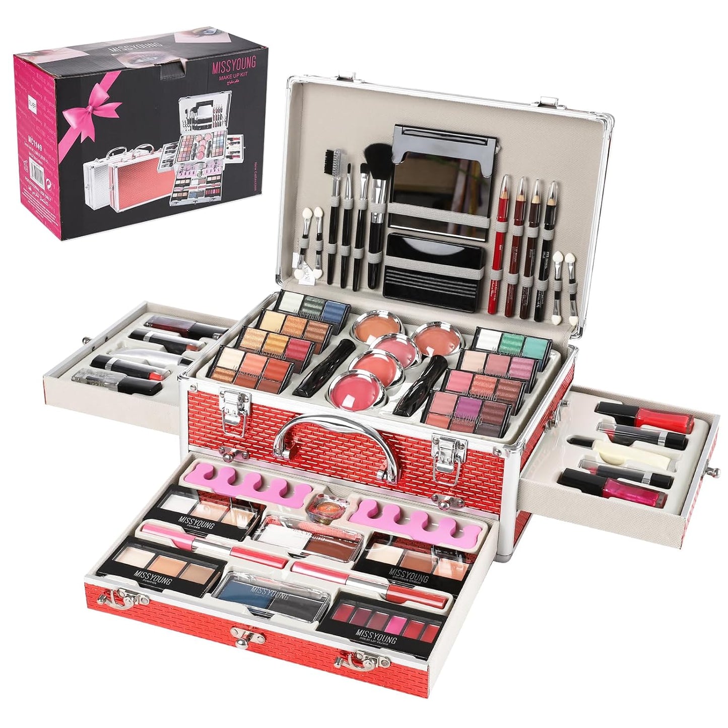 All in One Makeup Kit for Teens, 106 Pcs Professional Makeup Kit for Women Full Kit, Include Eyeshadow Palette, Lipstick Set, Concealer, Foundation, Lipgloss, Makeup Brush(Red)