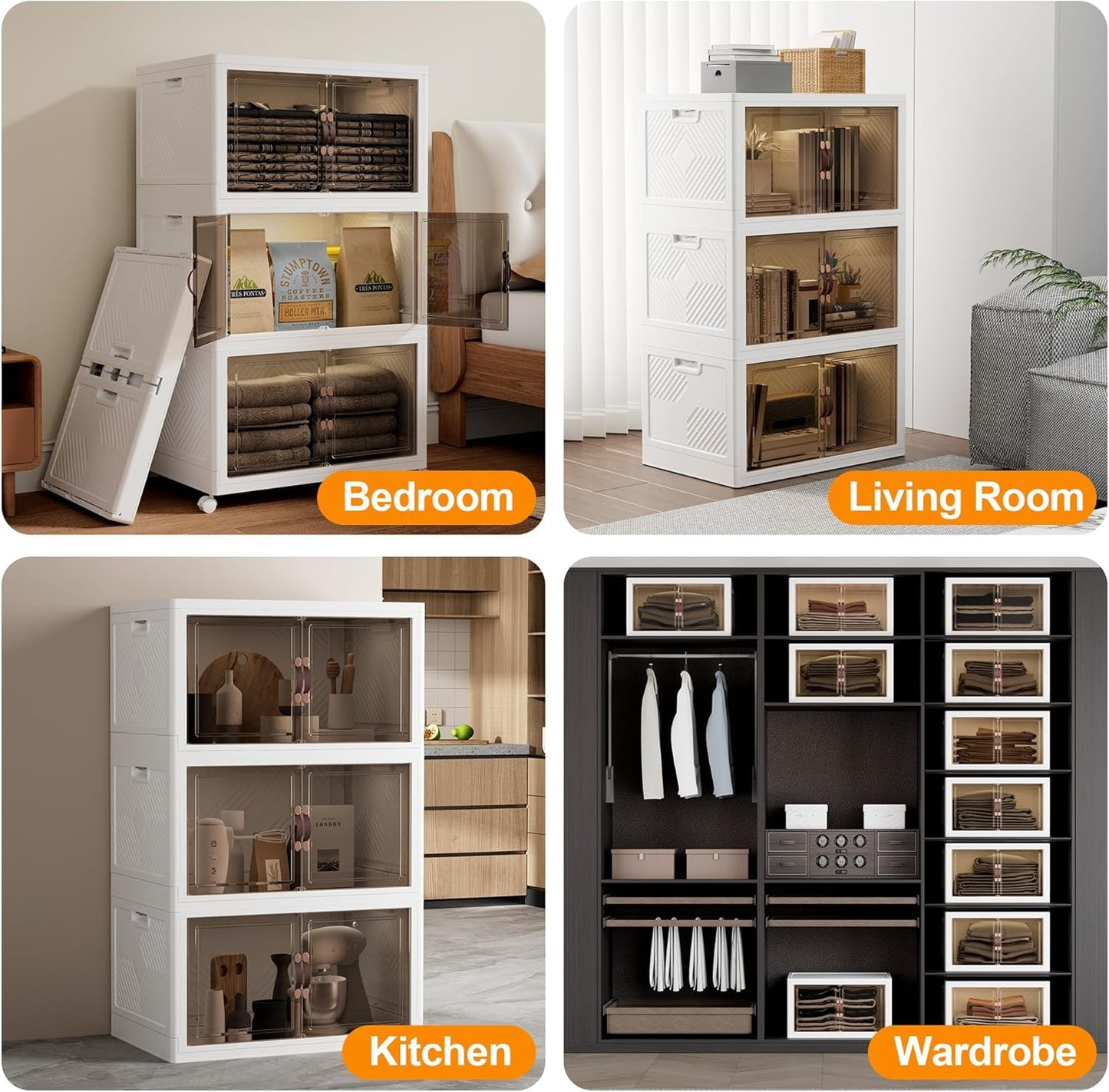 JOYMOOP Folding Storage Bins Organizer, 252 Quart Collapsible Storage Boxes with Wheels and Door, Stackble Plastic Storage Container for Clothing, Books and Sundries (XXL, 21 Gal Per, 3 Tiers)