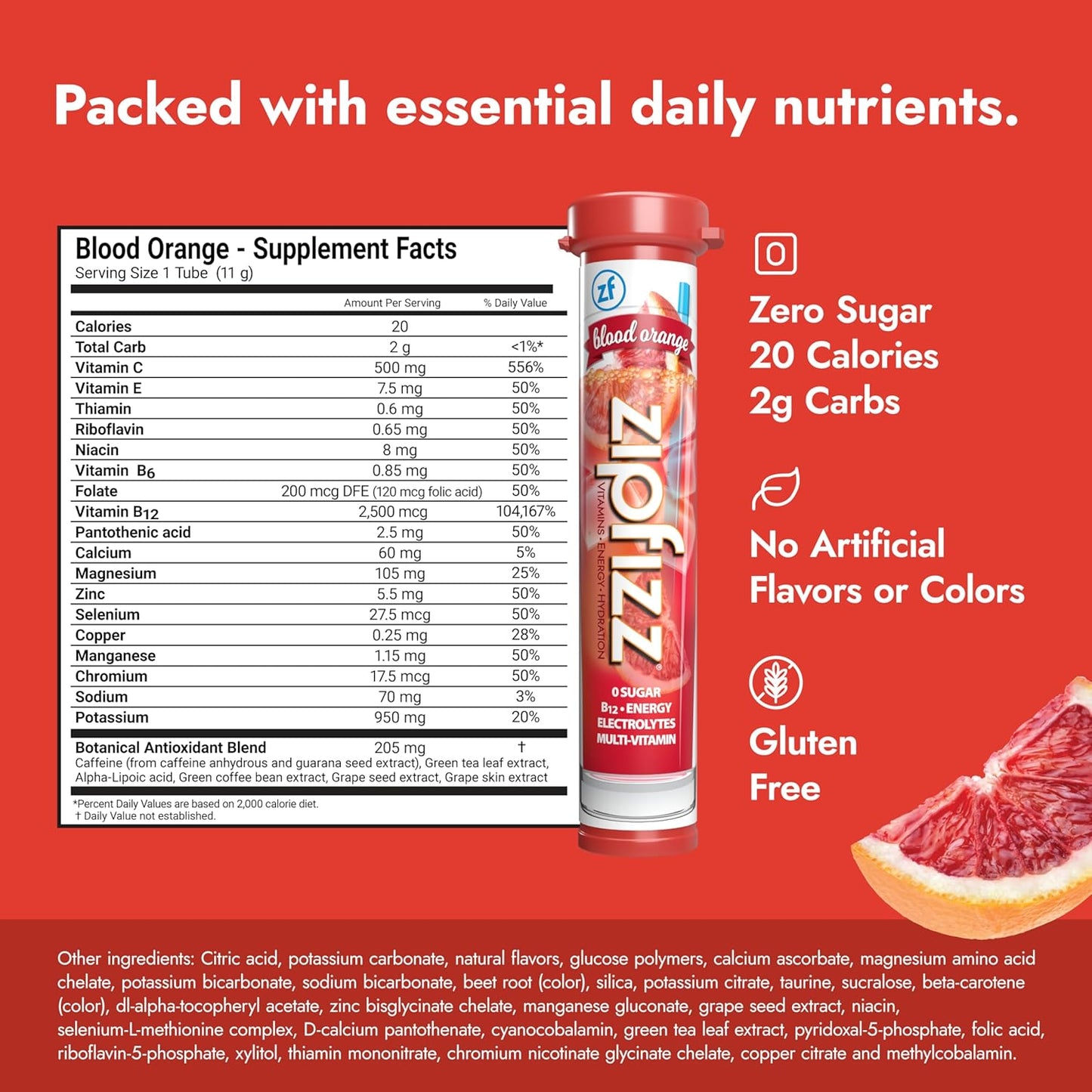 Zipfizz Daily Energy Drink Powder, Blood Orange, 20 Pack | 3-in-1 Sustained Energy, Rapid Hydration, and Essential Vitamins | Sugar-Free | Electrolyte Powder | Contains Vitamin B-12 & Antioxidants