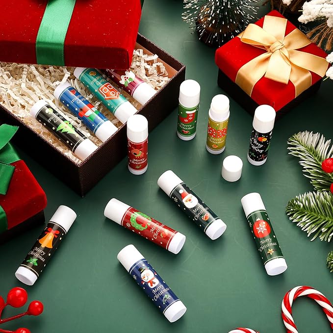 48 Pcs Christmas 12 Days Holiday Lip Balm Gift Set Lip Care Assorted Flavors Ingredients Lip Balm for Dry Chapped Lip Women Men Children Coworker 12 Assorted Flavors Christmas Party
