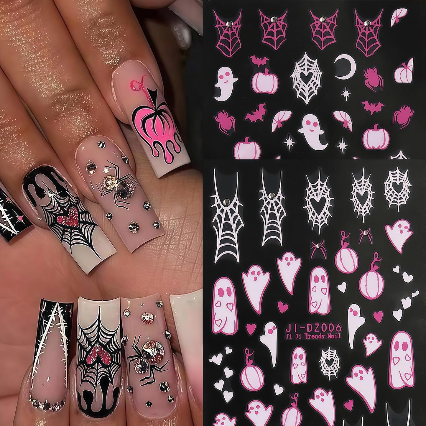 Halloween Nail Art Stickers Ghost Nail Decals Shiny Crystal Diamonds Rhinestones Spider Web Spooky Spider Nail Art Design Stickers Cute Fall Holiday Manicure Decoration for Salon Acrylic Nails