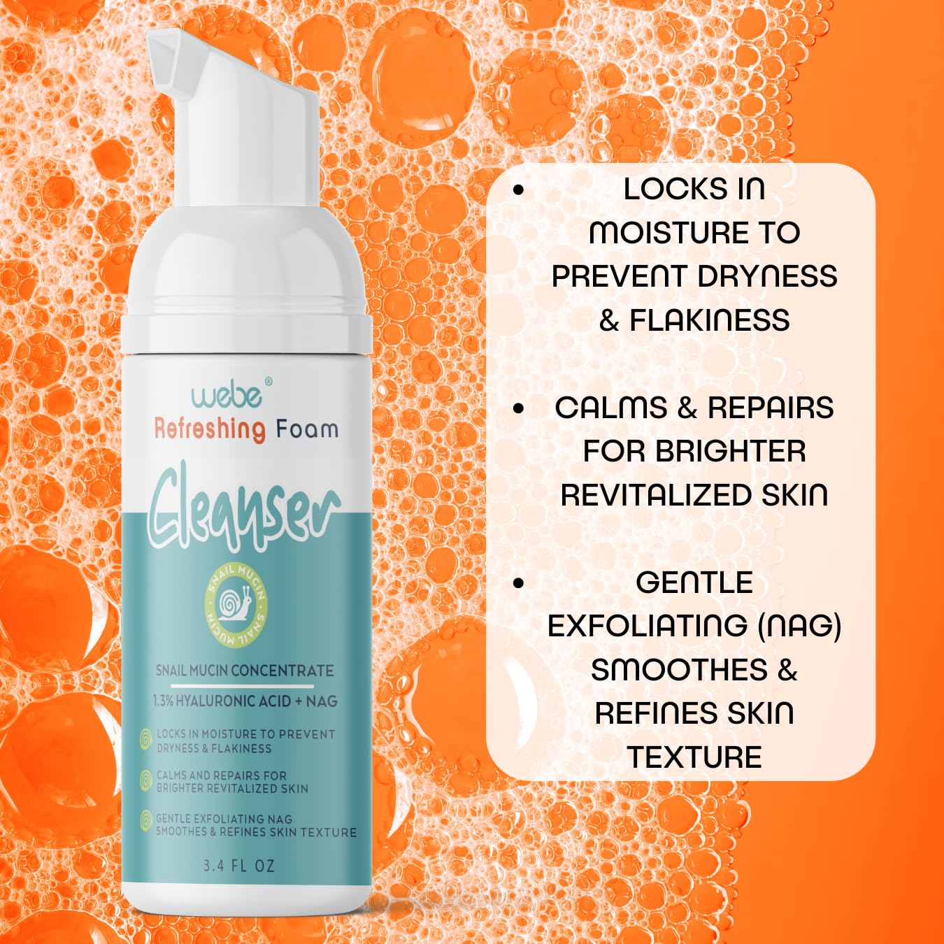 WEBE Refreshing Gentle Foam Cleanser | Snail Mucin, Hyaluronic Acid, N-Acetyl Glucosamine | Hydrating & Soothing Formula for Radiant, Moisturized Skin | Natural Skincare for all Skin Types