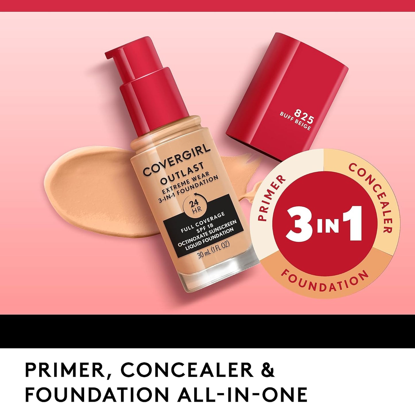 Covergirl Outlast Extreme Wear 3-in-1 Full Coverage Liquid Foundation, SPF 18 Sunscreen, Soft Sable, 1 Fl. Oz.
