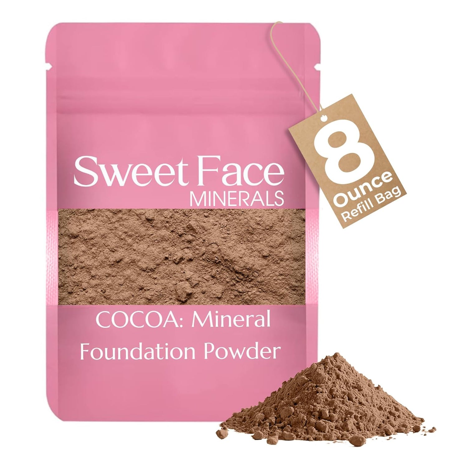 Foundation Powder Refill (Cocoa)(8 Ounce Bag) By Sweet Face Minerals, Lightweight Mineral Loose Makeup Powder with SPF 20, Full Coverage Flawless Finish, Talc-free, Cruelty-Free, Refillable Pouch