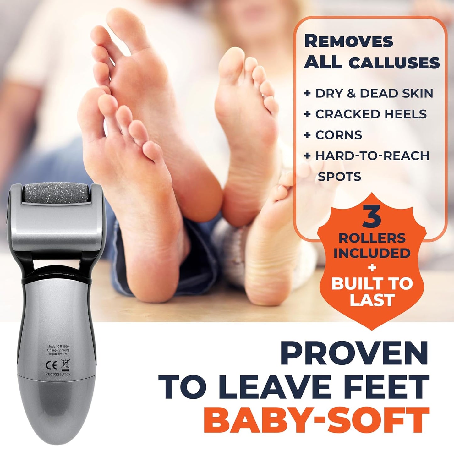 Electric Callus Remover: Rechargeable Electronic Foot File CR900 by Own Harmony(Tested Most Powerful) Best Pedicure Tools w 3 Rollers Professional Pedi Feet Care Sander for Cracked Heels and Hard Skin