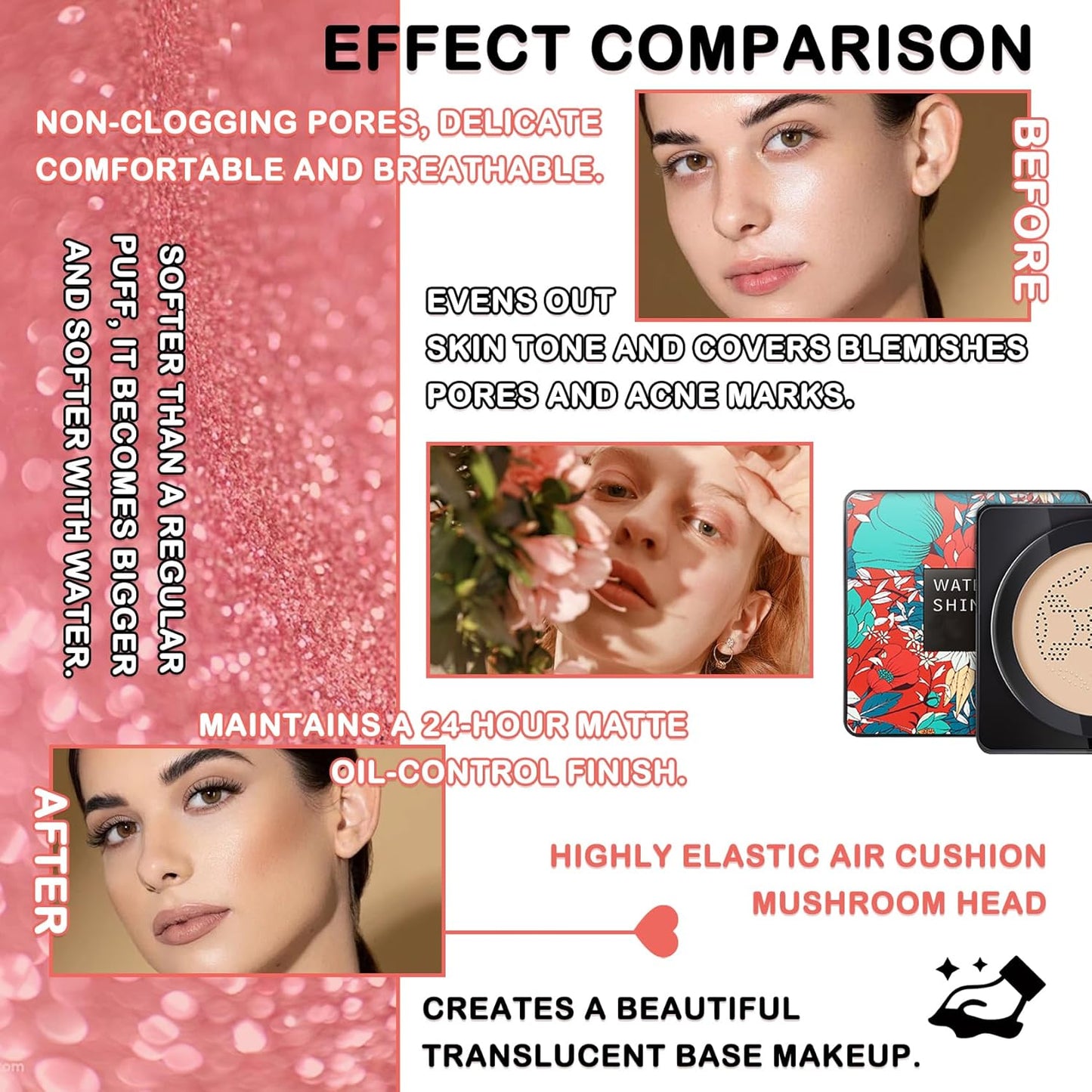 Mushroom Head Air Cushion CC Cream Full Coverage Liquid Foundation Set,Oil Control Concealer Lasting Moisturizing BB Cream,Loose Setting Face Powder Moisturizer Base Primer Makeup with Makeup Sponge
