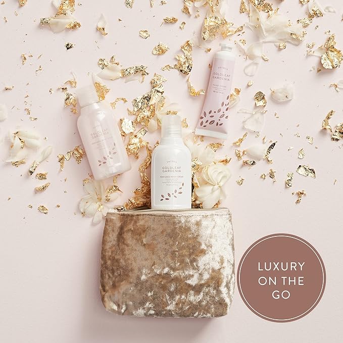 Thymes Perfumed Travel Set and Beauty Bag - Contains Body Wash, Body Lotion & Hand Cream - Goldleaf Gardenia