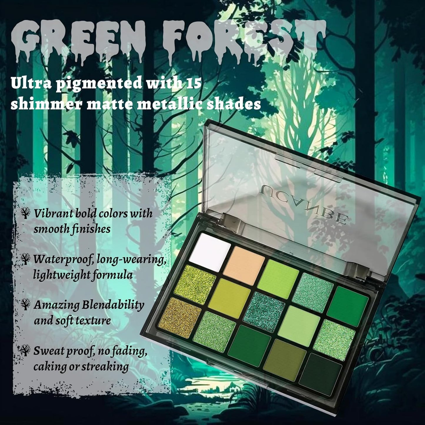 UCANBE Green Eyeshadow Makeup Palette, 15 Colors Bright Dark Green Shimmer Matte Metallic Glitter Eye Shadow, Forest Emerald Lime Pallet Kit for Cosplay Parties Christmas Halloween SFX