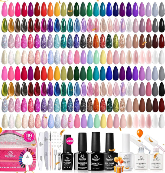 Beetles Fall Nail Fest Gel Nail Polish Set - Nail Nook 119 PCS 100 Colors Gel Polish Kit Base Glossy Matte Glitter Top Coat Neon Glitter Pearl Cat Eye White Red Pink Nude Nails Gift for Women
