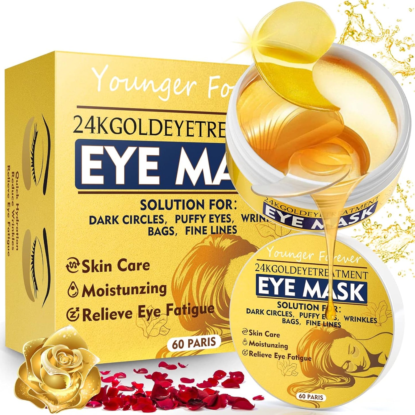 Under Eye Patches, 24K Gold Eye Patches for Puffy Eyes and Dark Circles, Under Eye Masks for Dark Circles and Puffiness, Eye Gel Pads for Eyes Bags Treatment & Non-Irritating Eye Mask Skincare