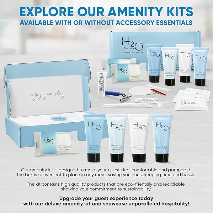 H2O Therapy Amenity & Accessory Kit | 0.85 oz Travel Size Shampoo, Conditioner, Lotion, Body Wash, Massage Bar, Cleansing Bar, Shave & Dental Sets, Make-Up Remover Wipes, & Vanity Kit | 1 set per case