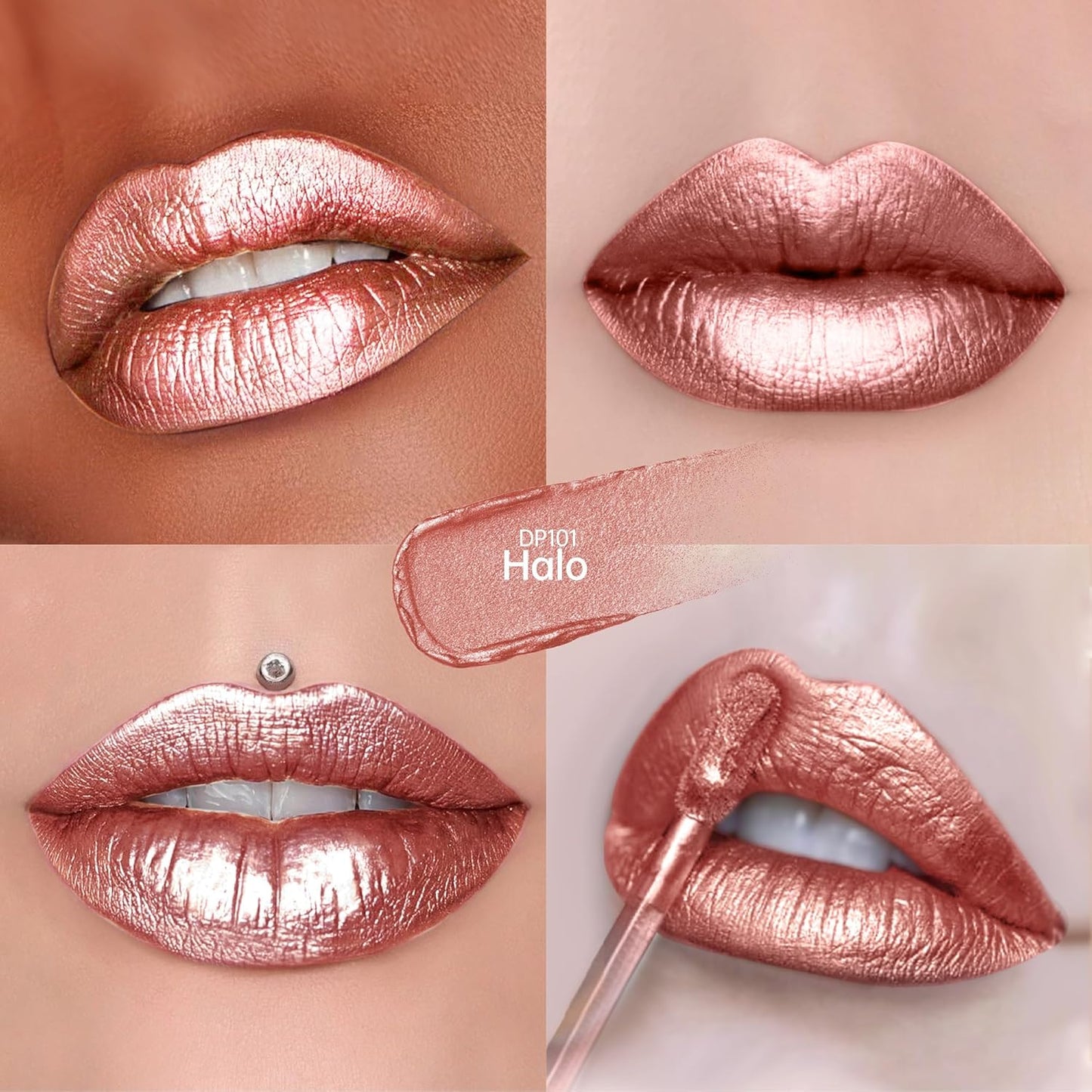 Nude Lipsticks for Women Metallic Lipstick Long Lasting Non Stick Cup Lip Gloss, Metal Shine Lightweight Hydrating Full Coverage Lip Color, DP101 Halo