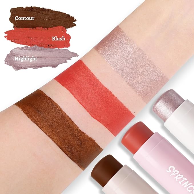 3Pcs Multi-Use Face Makeup Sticks Sets, Blendable Cream Blush Stick For Cheeks Lips, Highlighter Contour Shading Sticks Moisturizer Make Up Sets For Women (02)