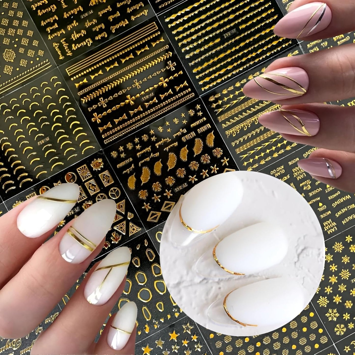 30 Sheets Gold Nail Art Stickers 3D Self-Adhesive Nail Decals Gold Line Star Nail Stickers for Acrylic Nails Gold Leaf Diamond Nail Supplies for Women