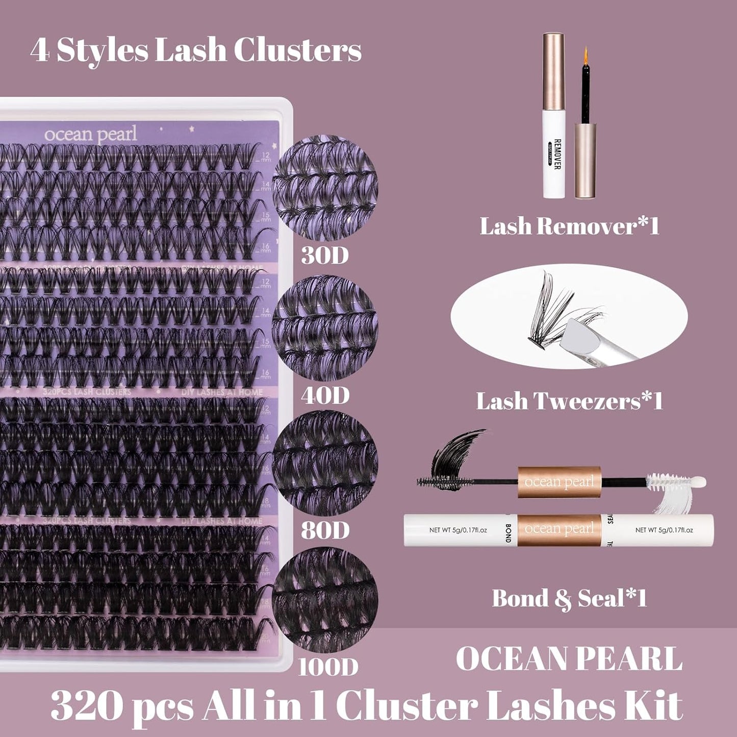 Ocean Pearl Lash Clusters 320PCS 12-20MM 30D+40D+80D+100D Lash Extension Kit Lashes Clusters Eyelashes Cluster Eyelash Extensions Thick Individual Lashes Kit with Lash bond&seal&remover&tweezer-4