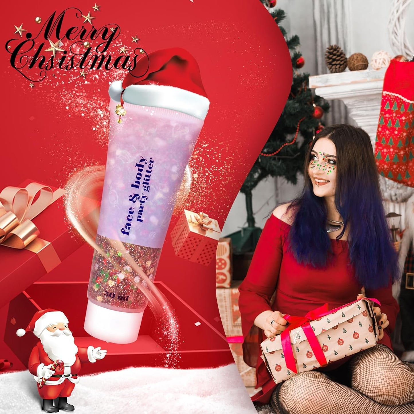 DAGEDA Body Glitter Gel, Face Glitters Body Gel Sequins Shimmer Liquid Eyeshadow, Chunky Glitter for Face Hair, Holographic Cosmetic Laser Powder Festival Glitter Makeup1.7oz (Christmas)