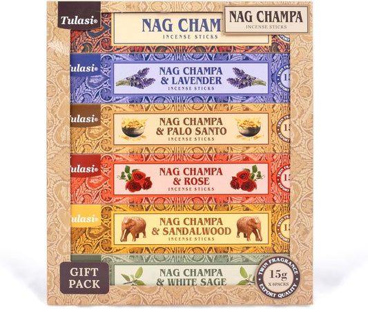 Tulasi Nag Champa Incense Sticks Gift Pack of 6, Hand Rolled Fragrance Incense Sticks for Aromatherapy, Relaxing, Yoga, Meditation, Prayer, Agarbatti Stick with Natural Oils (15gm x 6)